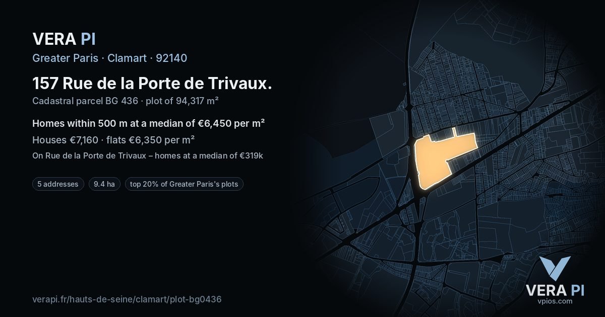 157 Rue de la Porte de Trivaux, Clamart at night – the plot lit, the parcels around coloured by the prices near them