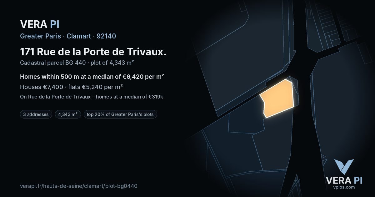 171 Rue de la Porte de Trivaux, Clamart at night – the plot lit, the parcels around coloured by the prices near them