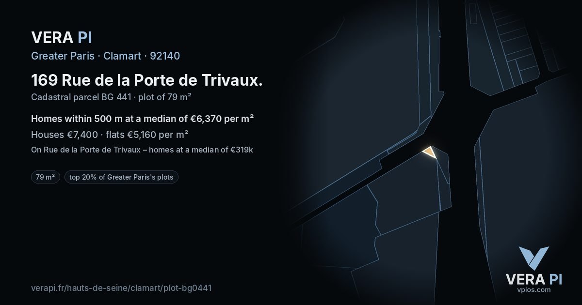 169 Rue de la Porte de Trivaux, Clamart at night – the plot lit, the parcels around coloured by the prices near them