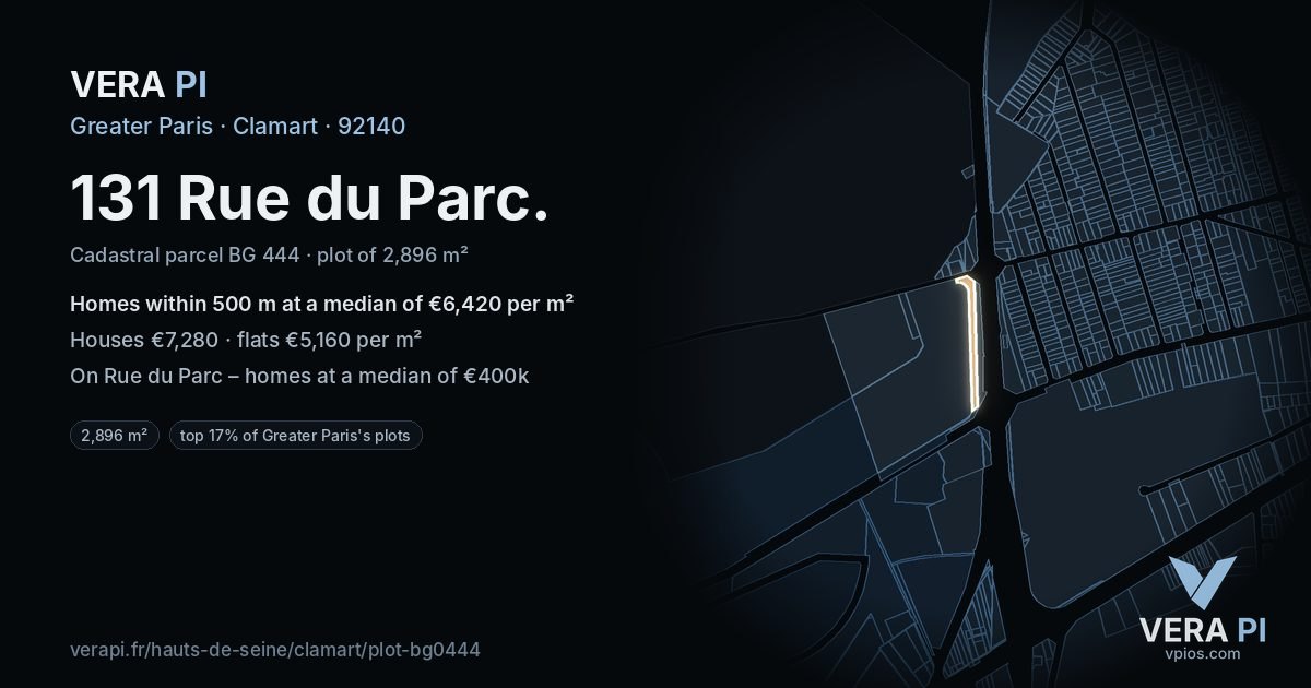 131 Rue du Parc, Clamart at night – the plot lit, the parcels around coloured by the prices near them