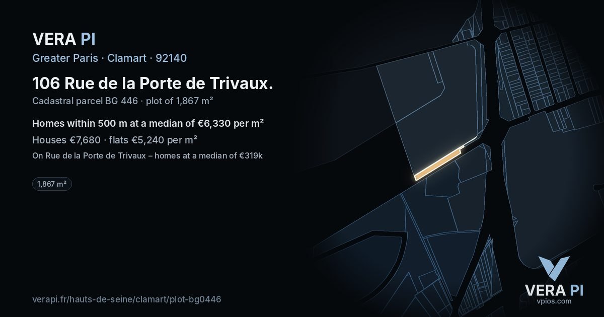 106 Rue de la Porte de Trivaux, Clamart at night – the plot lit, the parcels around coloured by the prices near them