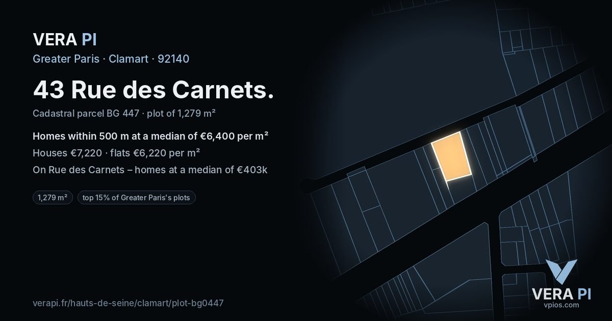 43 Rue des Carnets, Clamart at night – the plot lit, the parcels around coloured by the prices near them
