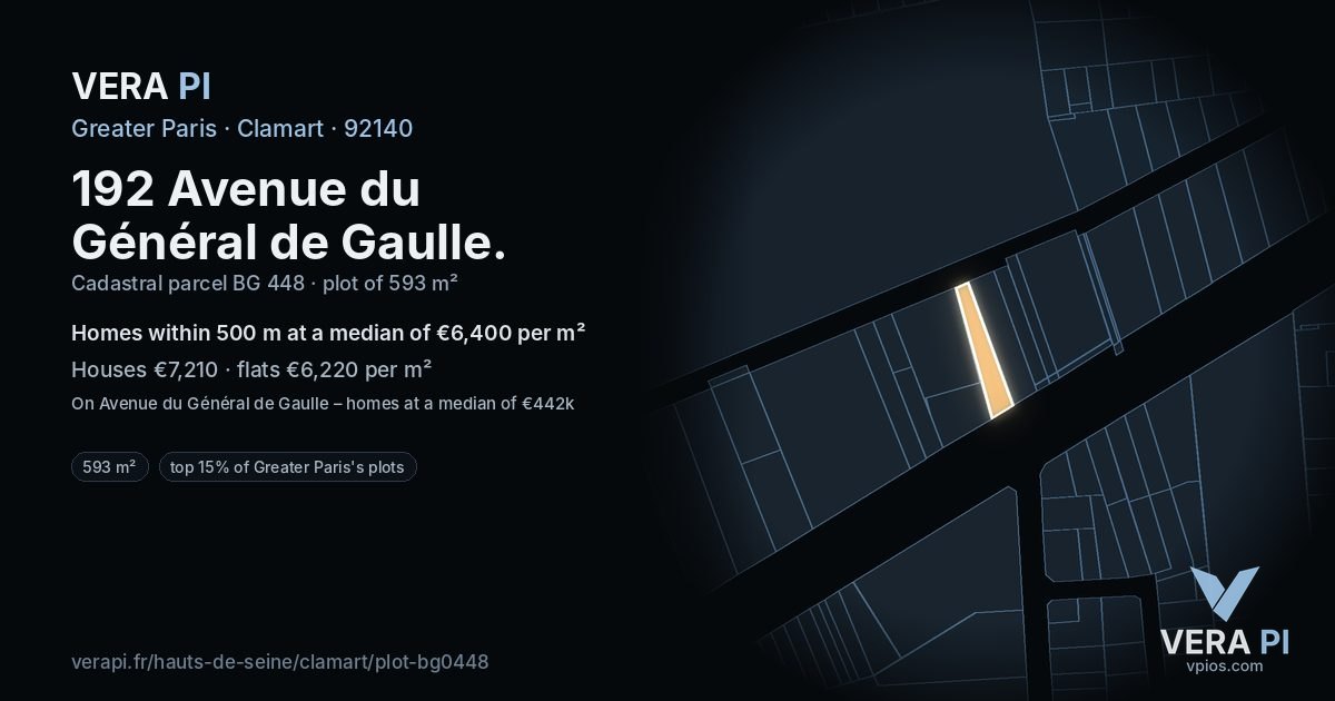 192 Avenue du Général de Gaulle, Clamart at night – the plot lit, the parcels around coloured by the prices near them