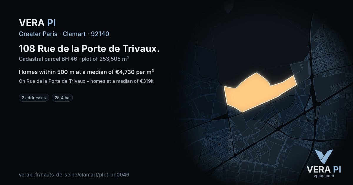 108 Rue de la Porte de Trivaux, Clamart at night – the plot lit, the parcels around coloured by the prices near them