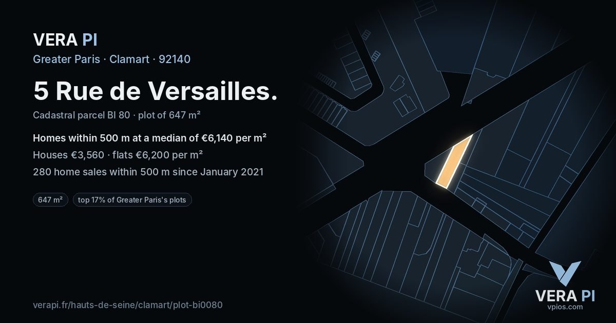 5 Rue de Versailles, Clamart at night – the plot lit, the parcels around coloured by the prices near them