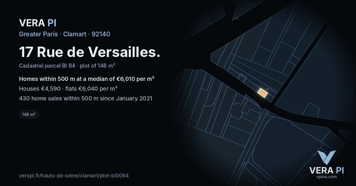 17 Rue de Versailles, Clamart at night – the plot lit, the parcels around coloured by the prices near them