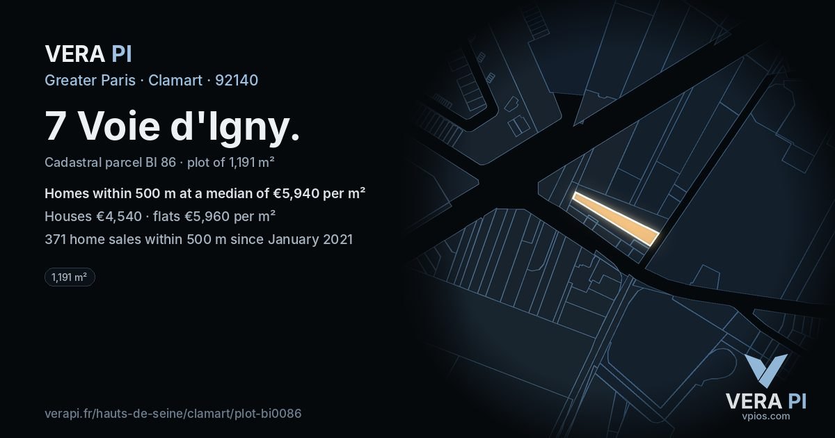 7 Voie d'Igny, Clamart at night – the plot lit, the parcels around coloured by the prices near them