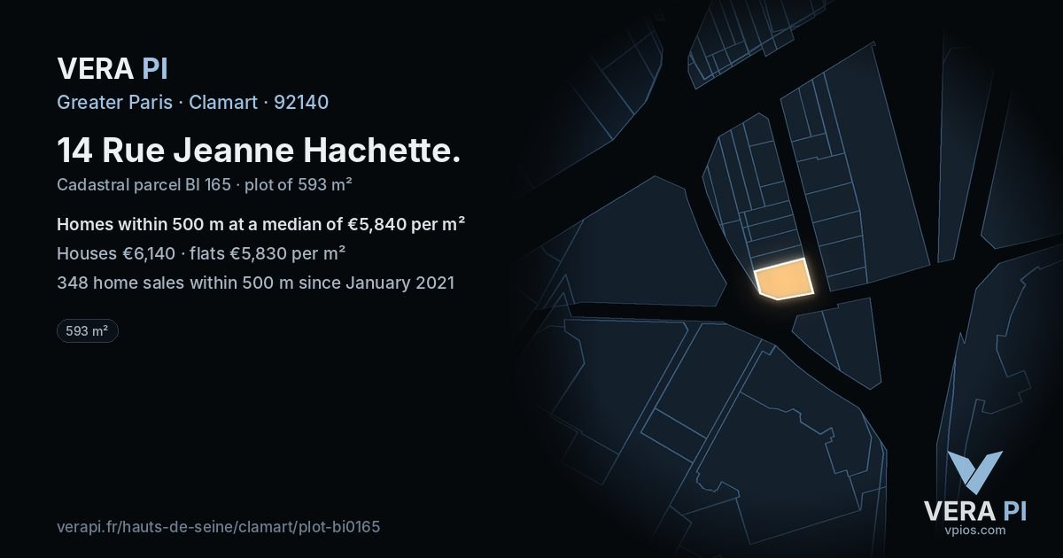 14 Rue Jeanne Hachette, Clamart at night – the plot lit, the parcels around coloured by the prices near them