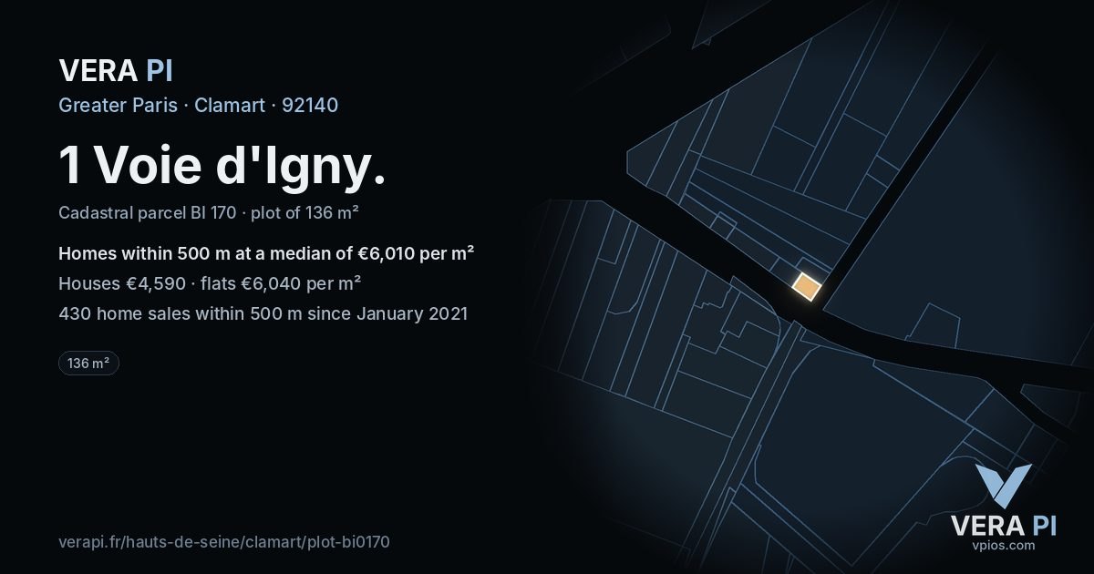 1 Voie d'Igny, Clamart at night – the plot lit, the parcels around coloured by the prices near them