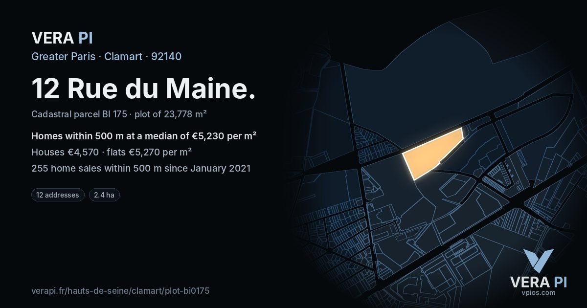 12 Rue du Maine, Clamart at night – the plot lit, the parcels around coloured by the prices near them