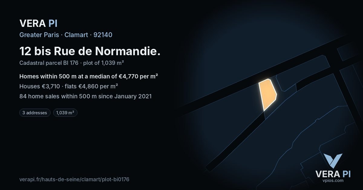 12 bis Rue de Normandie, Clamart at night – the plot lit, the parcels around coloured by the prices near them