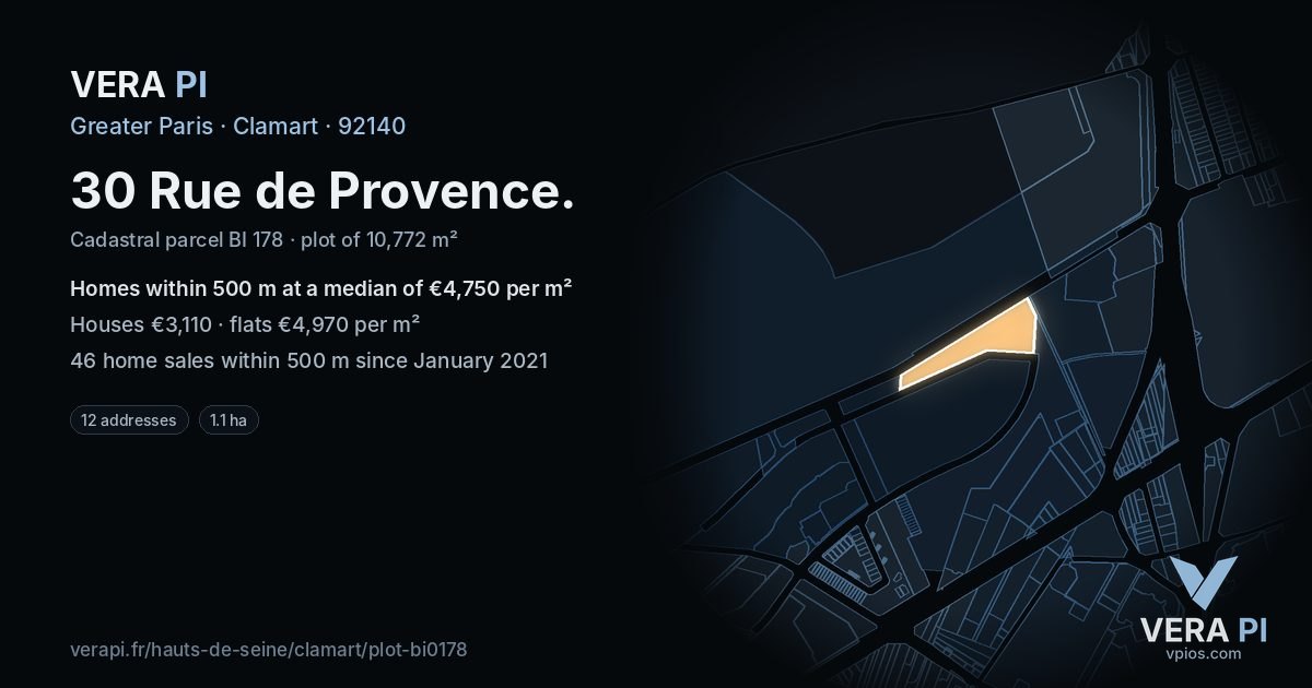 30 Rue de Provence, Clamart at night – the plot lit, the parcels around coloured by the prices near them