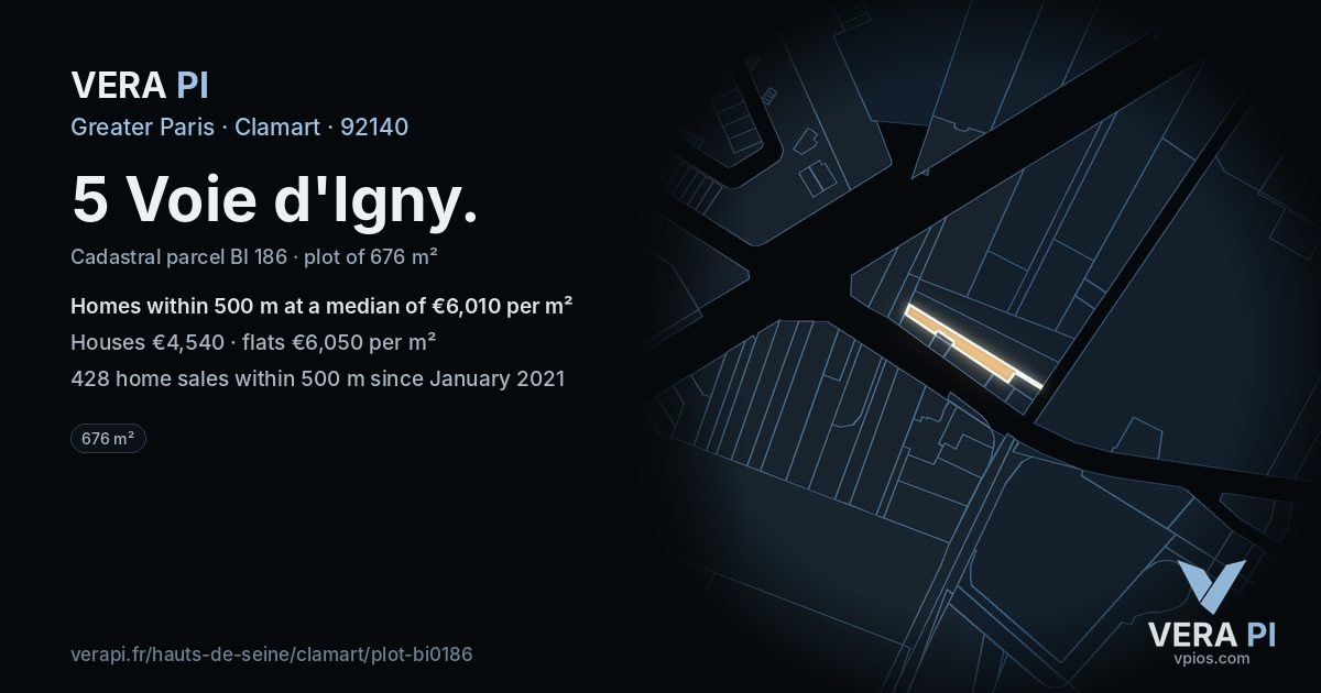 5 Voie d'Igny, Clamart at night – the plot lit, the parcels around coloured by the prices near them