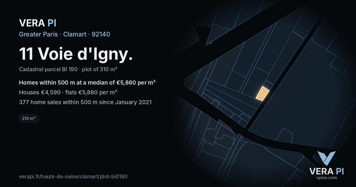 11 Voie d'Igny, Clamart at night – the plot lit, the parcels around coloured by the prices near them