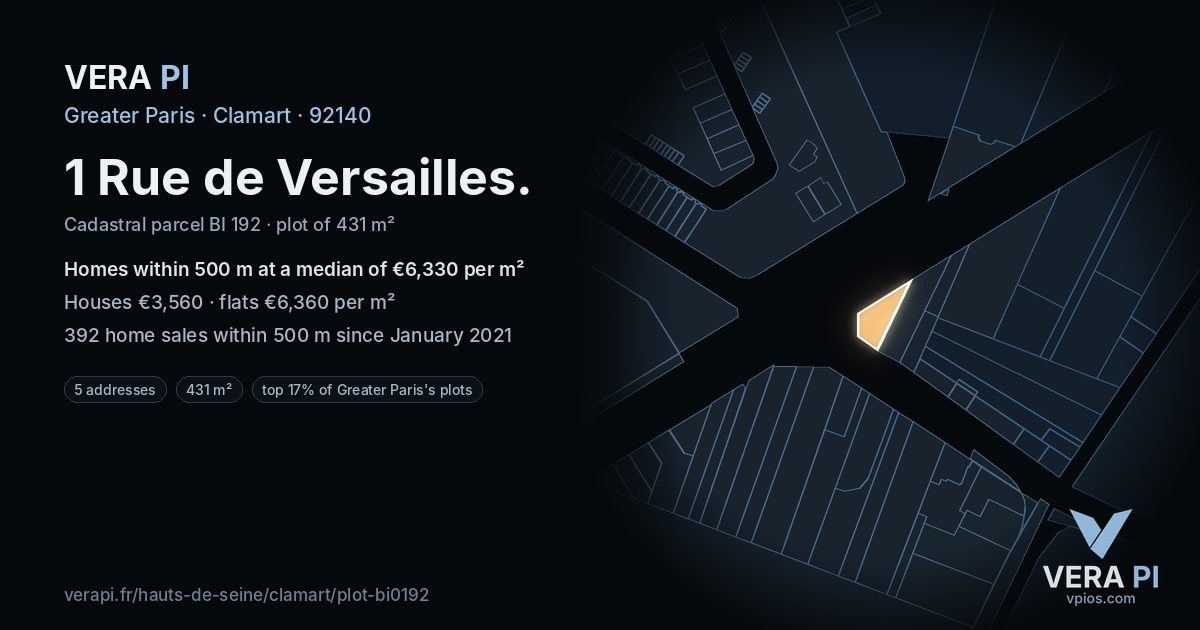 1 Rue de Versailles, Clamart at night – the plot lit, the parcels around coloured by the prices near them