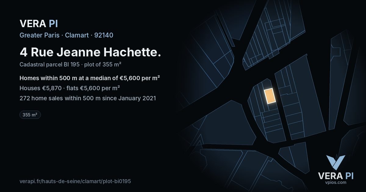 4 Rue Jeanne Hachette, Clamart at night – the plot lit, the parcels around coloured by the prices near them