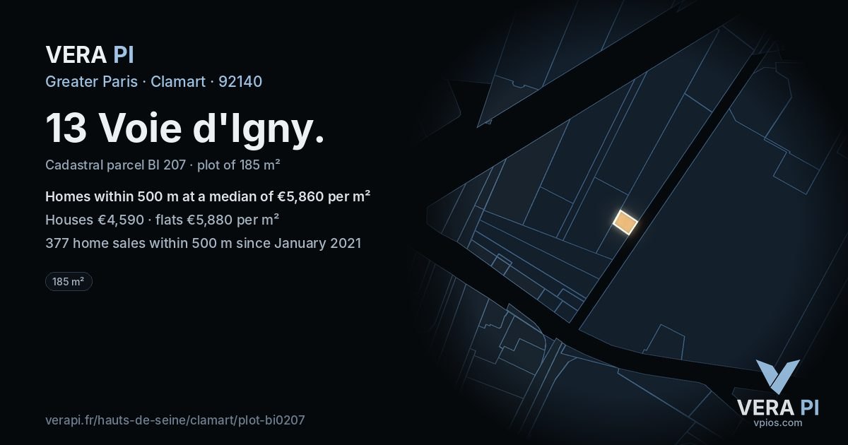 13 Voie d'Igny, Clamart at night – the plot lit, the parcels around coloured by the prices near them