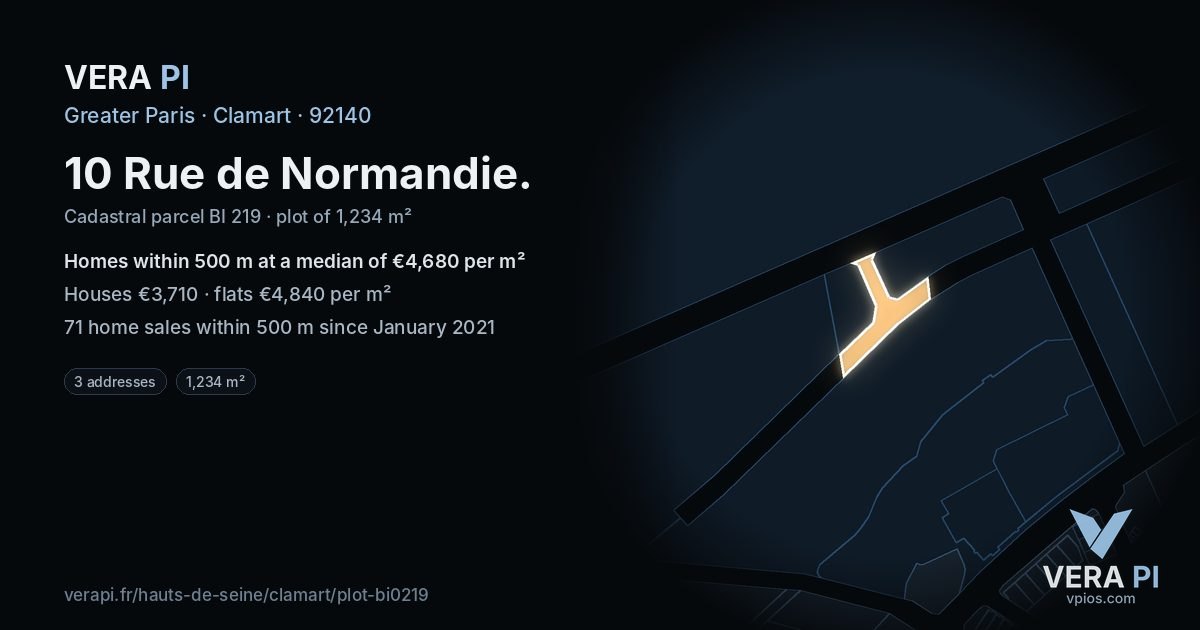 10 Rue de Normandie, Clamart at night – the plot lit, the parcels around coloured by the prices near them