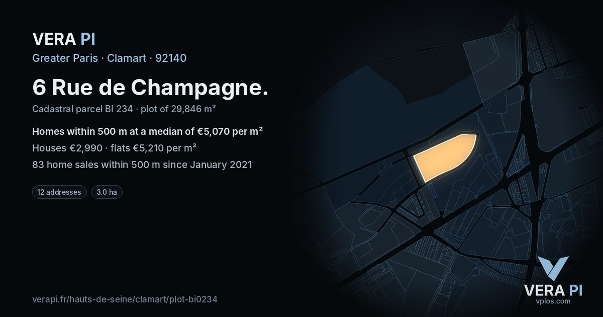 6 Rue de Champagne, Clamart at night – the plot lit, the parcels around coloured by the prices near them
