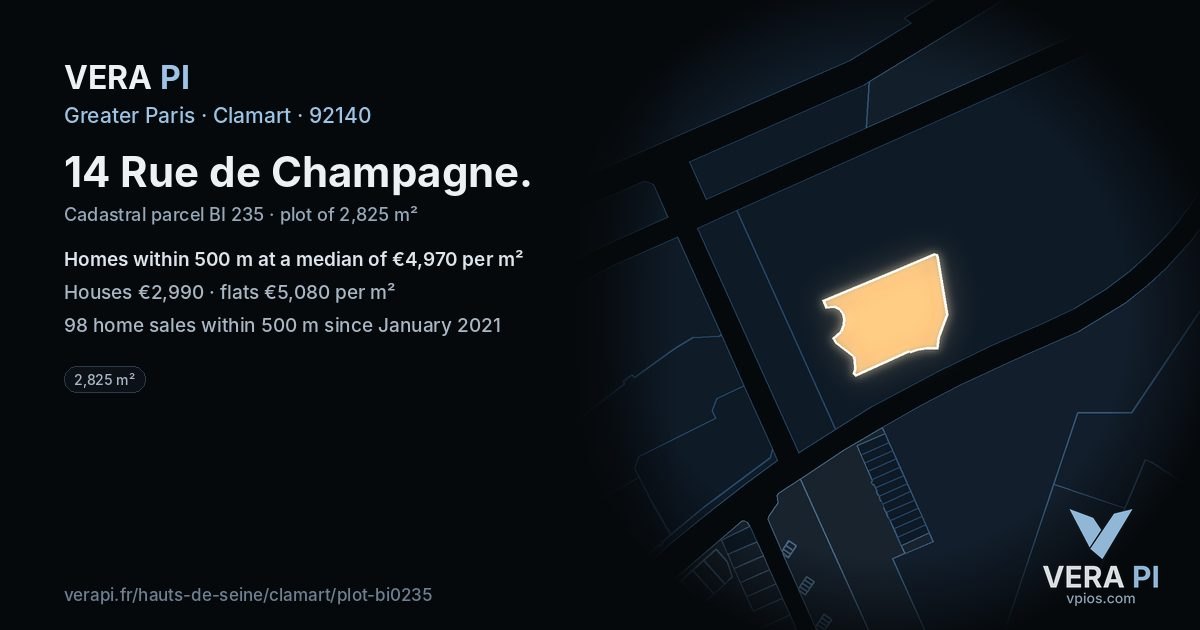 14 Rue de Champagne, Clamart at night – the plot lit, the parcels around coloured by the prices near them