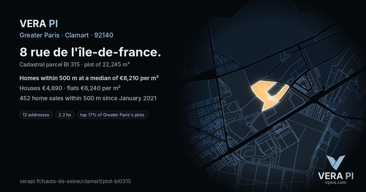 8 rue de l'île-de-france, Clamart at night – the plot lit, the parcels around coloured by the prices near them