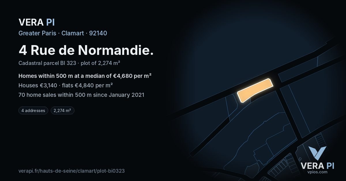 4 Rue de Normandie, Clamart at night – the plot lit, the parcels around coloured by the prices near them