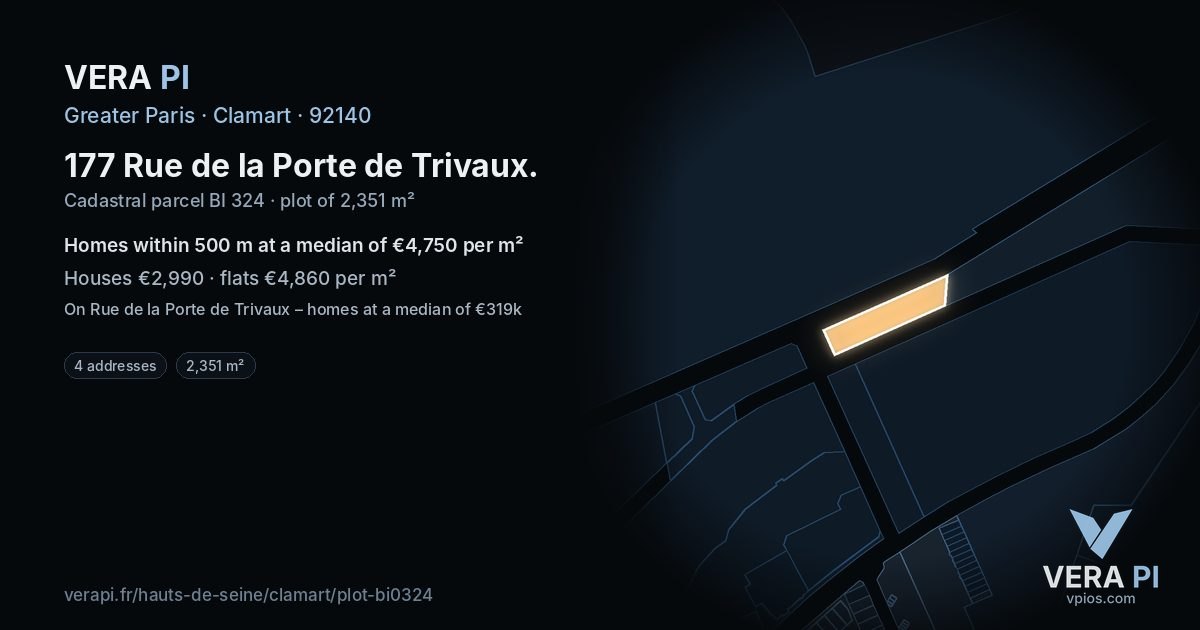 177 Rue de la Porte de Trivaux, Clamart at night – the plot lit, the parcels around coloured by the prices near them