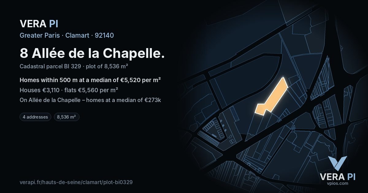 8 Allée de la Chapelle, Clamart at night – the plot lit, the parcels around coloured by the prices near them