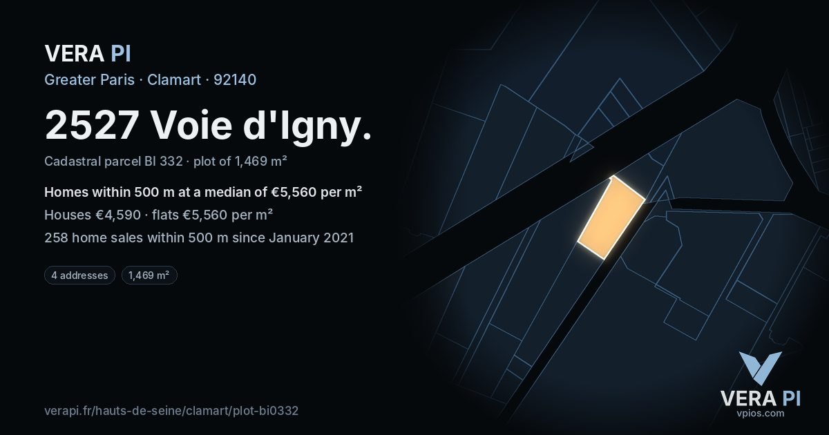 2527 Voie d'Igny, Clamart at night – the plot lit, the parcels around coloured by the prices near them