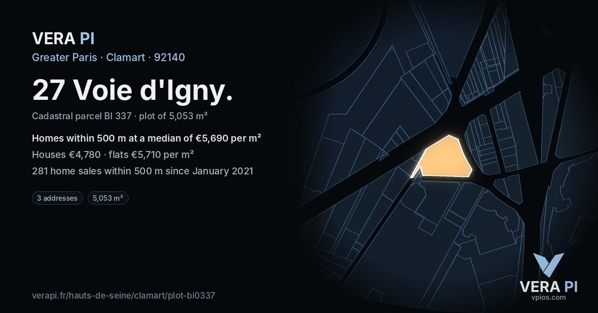 27 Voie d'Igny, Clamart at night – the plot lit, the parcels around coloured by the prices near them