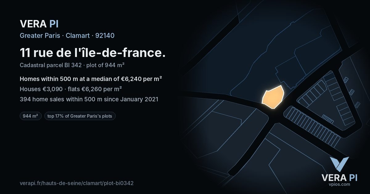 11 rue de l'île-de-france, Clamart at night – the plot lit, the parcels around coloured by the prices near them