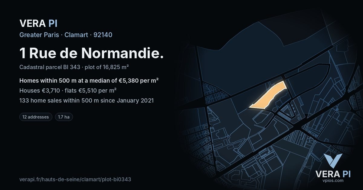 1 Rue de Normandie, Clamart at night – the plot lit, the parcels around coloured by the prices near them
