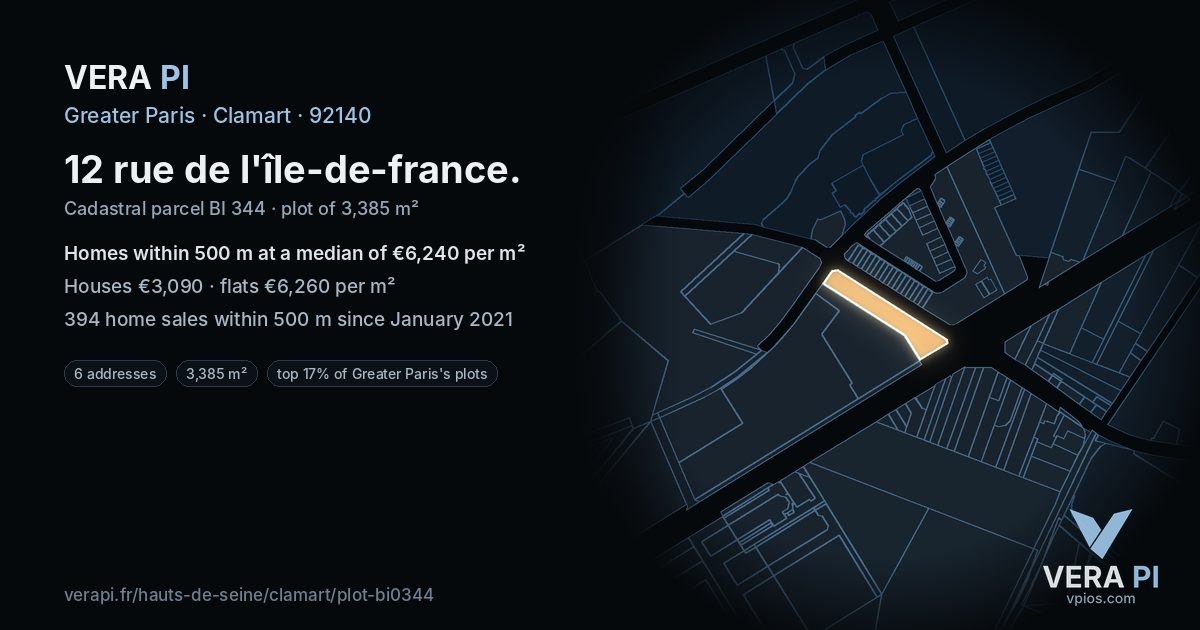 12 rue de l'île-de-france, Clamart at night – the plot lit, the parcels around coloured by the prices near them