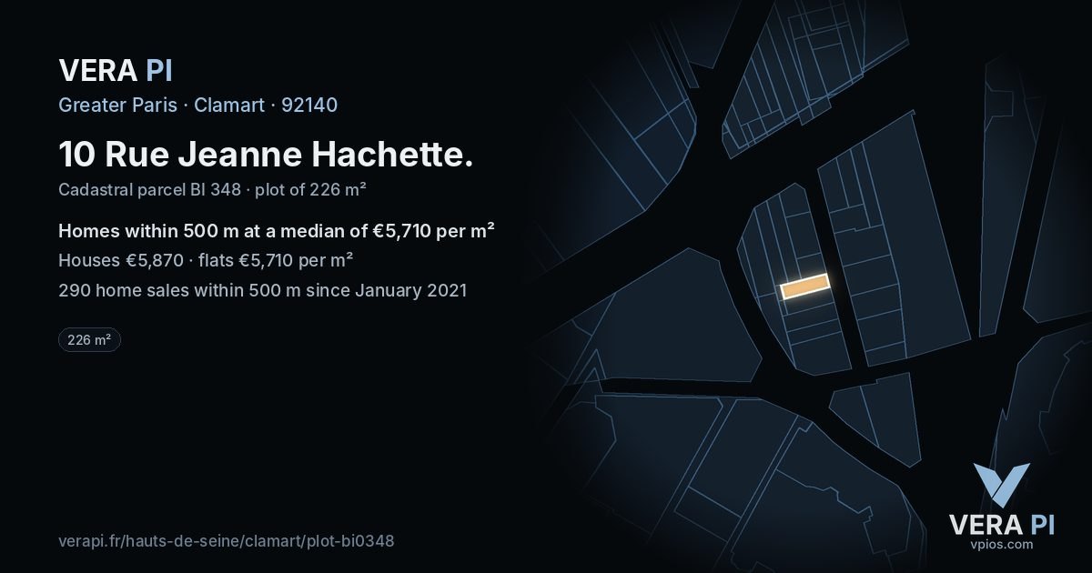 10 Rue Jeanne Hachette, Clamart at night – the plot lit, the parcels around coloured by the prices near them