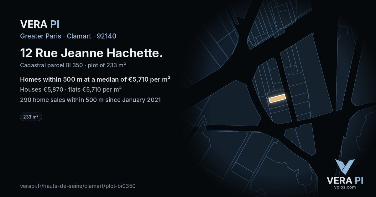 12 Rue Jeanne Hachette, Clamart at night – the plot lit, the parcels around coloured by the prices near them