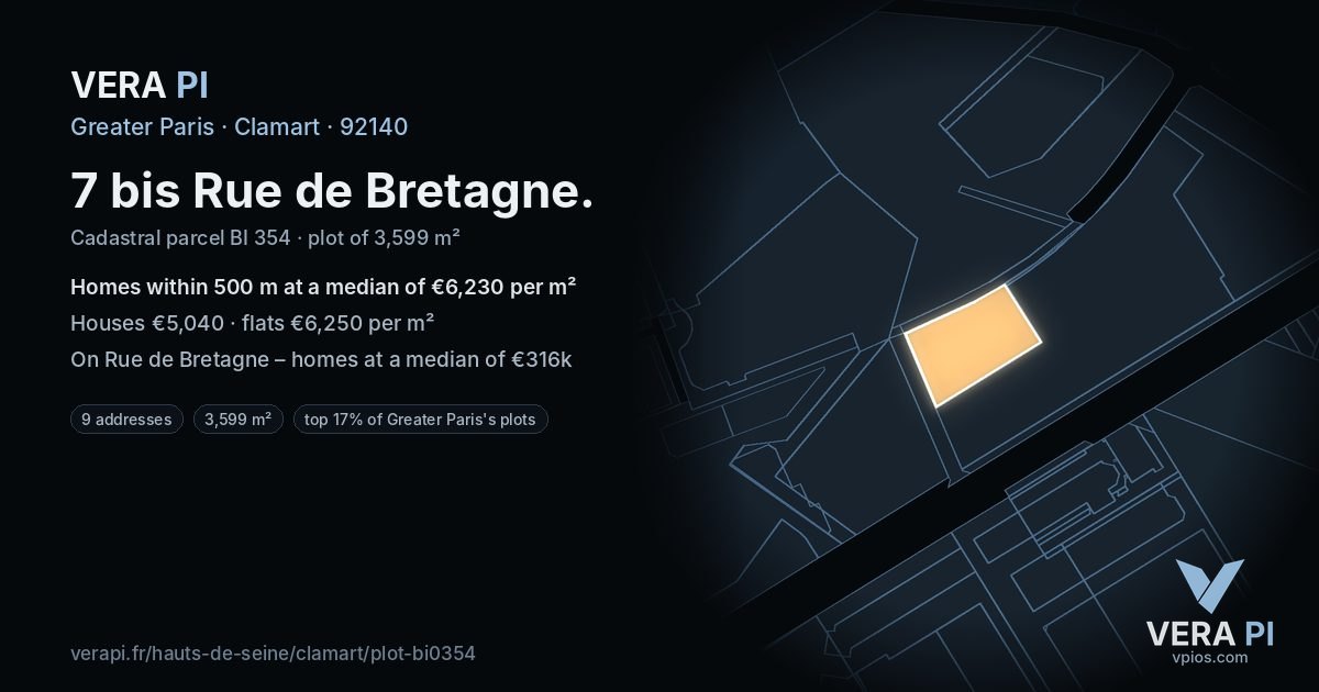 7 bis Rue de Bretagne, Clamart at night – the plot lit, the parcels around coloured by the prices near them