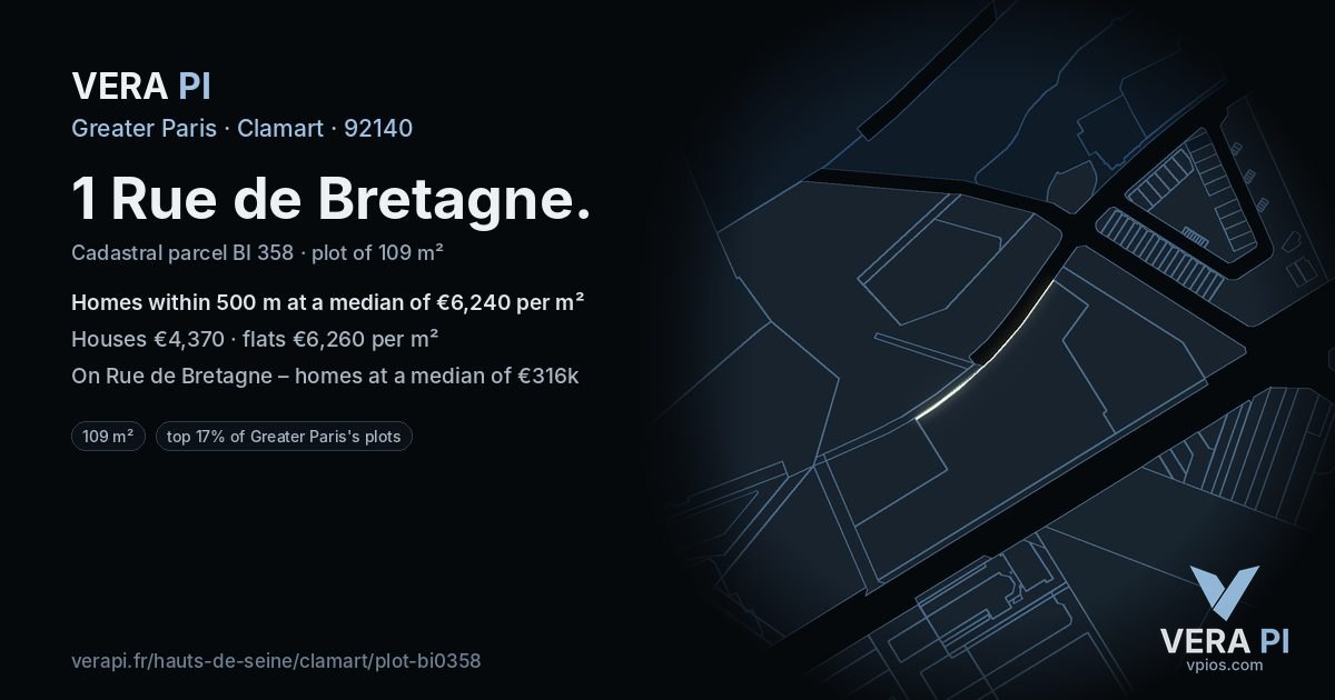 1 Rue de Bretagne, Clamart at night – the plot lit, the parcels around coloured by the prices near them