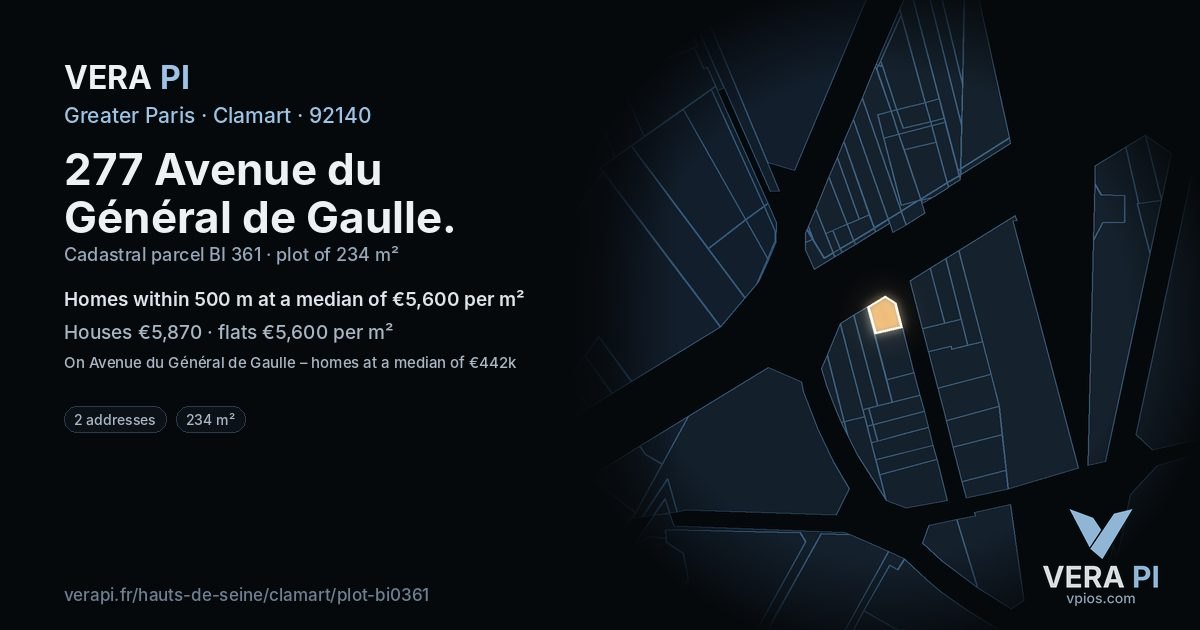 277 Avenue du Général de Gaulle, Clamart at night – the plot lit, the parcels around coloured by the prices near them