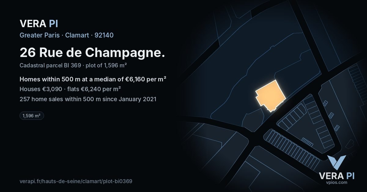 26 Rue de Champagne, Clamart at night – the plot lit, the parcels around coloured by the prices near them