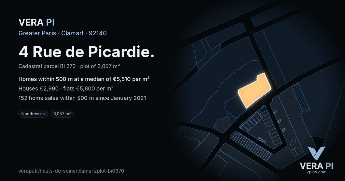 4 Rue de Picardie, Clamart at night – the plot lit, the parcels around coloured by the prices near them
