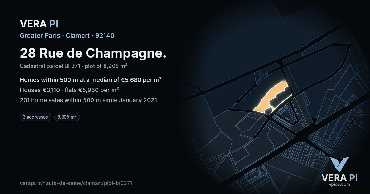 28 Rue de Champagne, Clamart at night – the plot lit, the parcels around coloured by the prices near them