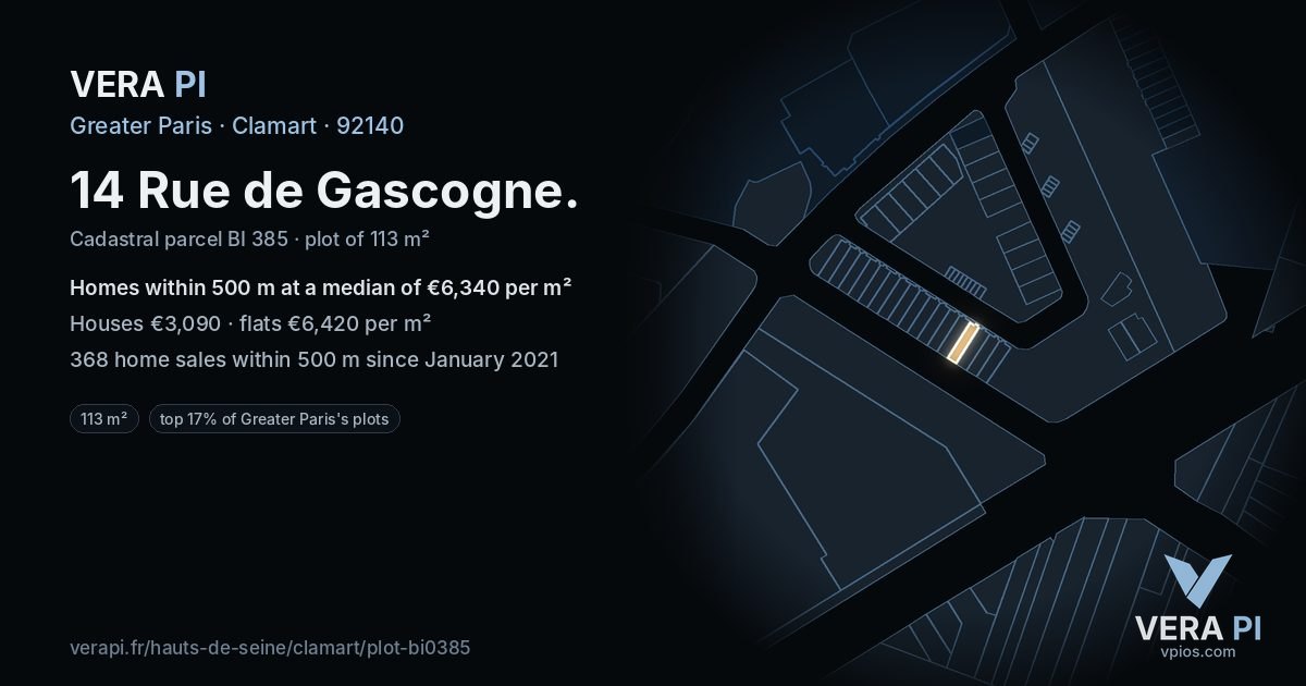 14 Rue de Gascogne, Clamart at night – the plot lit, the parcels around coloured by the prices near them