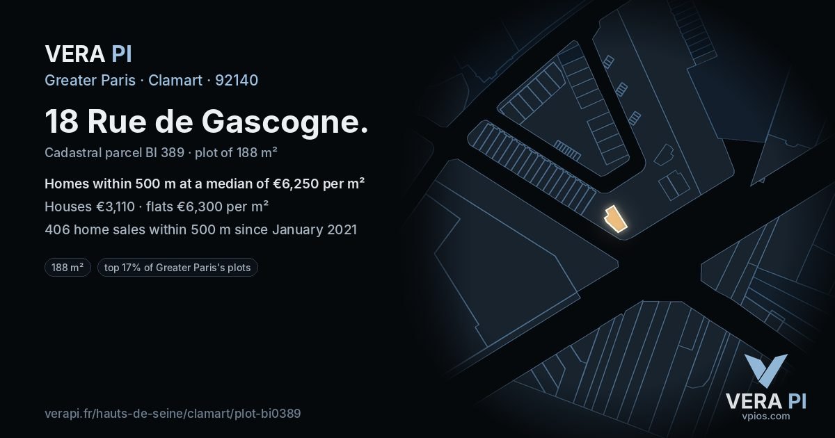 18 Rue de Gascogne, Clamart at night – the plot lit, the parcels around coloured by the prices near them