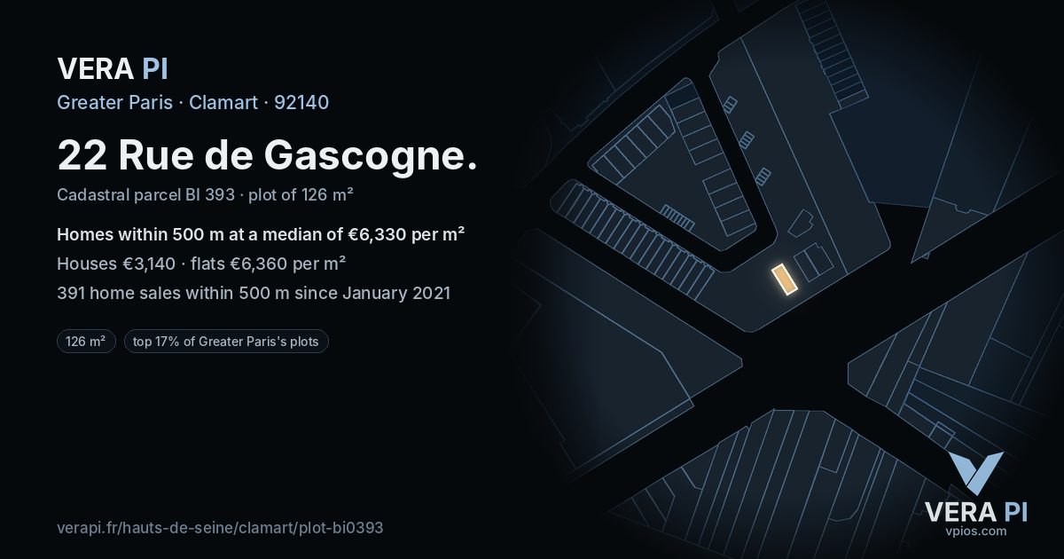 22 Rue de Gascogne, Clamart at night – the plot lit, the parcels around coloured by the prices near them