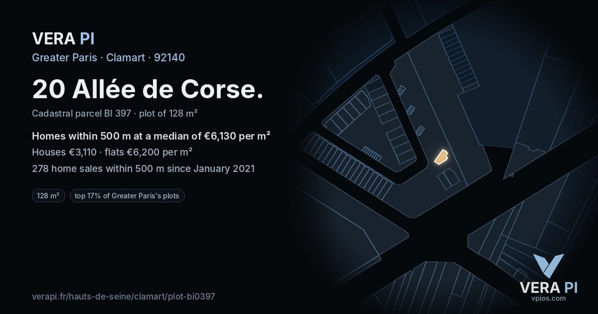 20 Allée de Corse, Clamart at night – the plot lit, the parcels around coloured by the prices near them