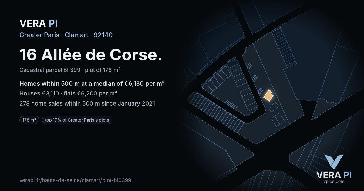 16 Allée de Corse, Clamart at night – the plot lit, the parcels around coloured by the prices near them
