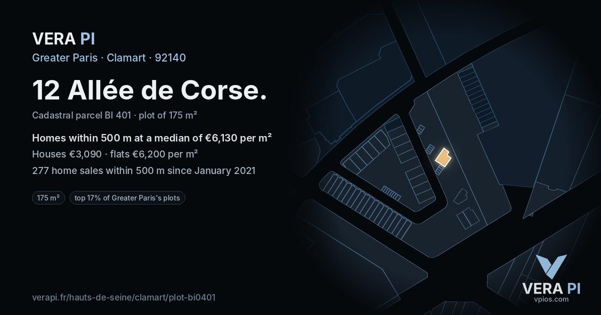 12 Allée de Corse, Clamart at night – the plot lit, the parcels around coloured by the prices near them