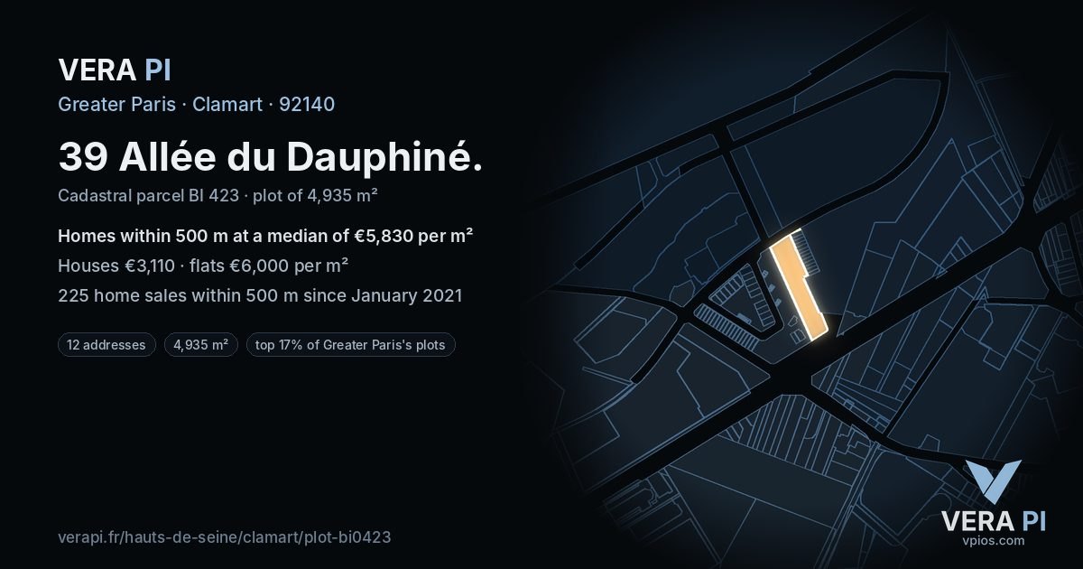 39 Allée du Dauphiné, Clamart at night – the plot lit, the parcels around coloured by the prices near them