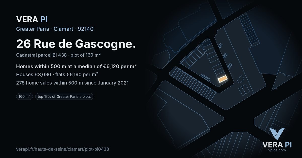 26 Rue de Gascogne, Clamart at night – the plot lit, the parcels around coloured by the prices near them