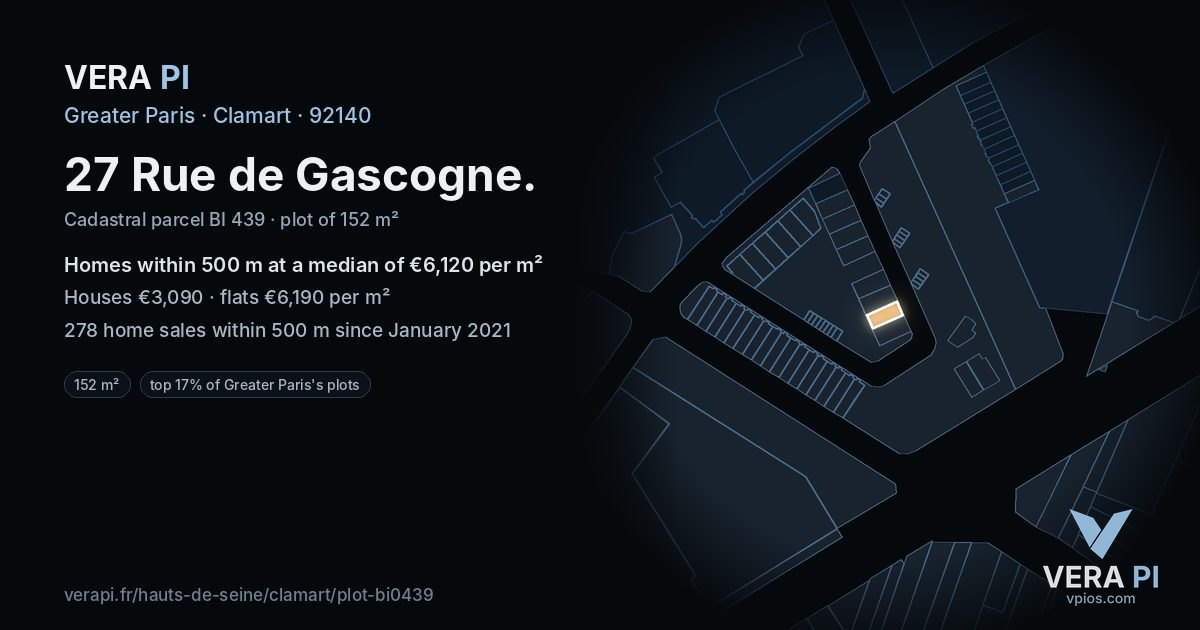 27 Rue de Gascogne, Clamart at night – the plot lit, the parcels around coloured by the prices near them